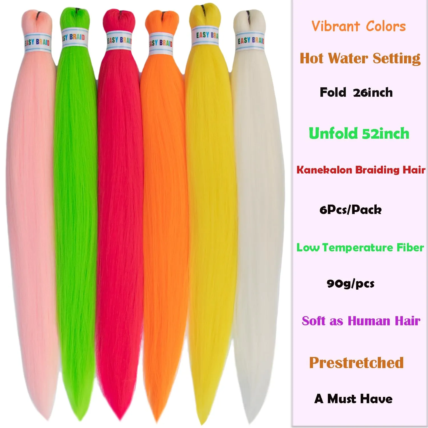 26inch 6Pcs Kanekalon Colored Braiding Hair Pre Stretched Muticolor Extensions