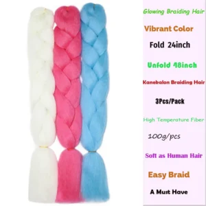 Colorful Jumbo Braiding Hair Extensions 24inch 3pcs (White/Hot Pink/Blue)