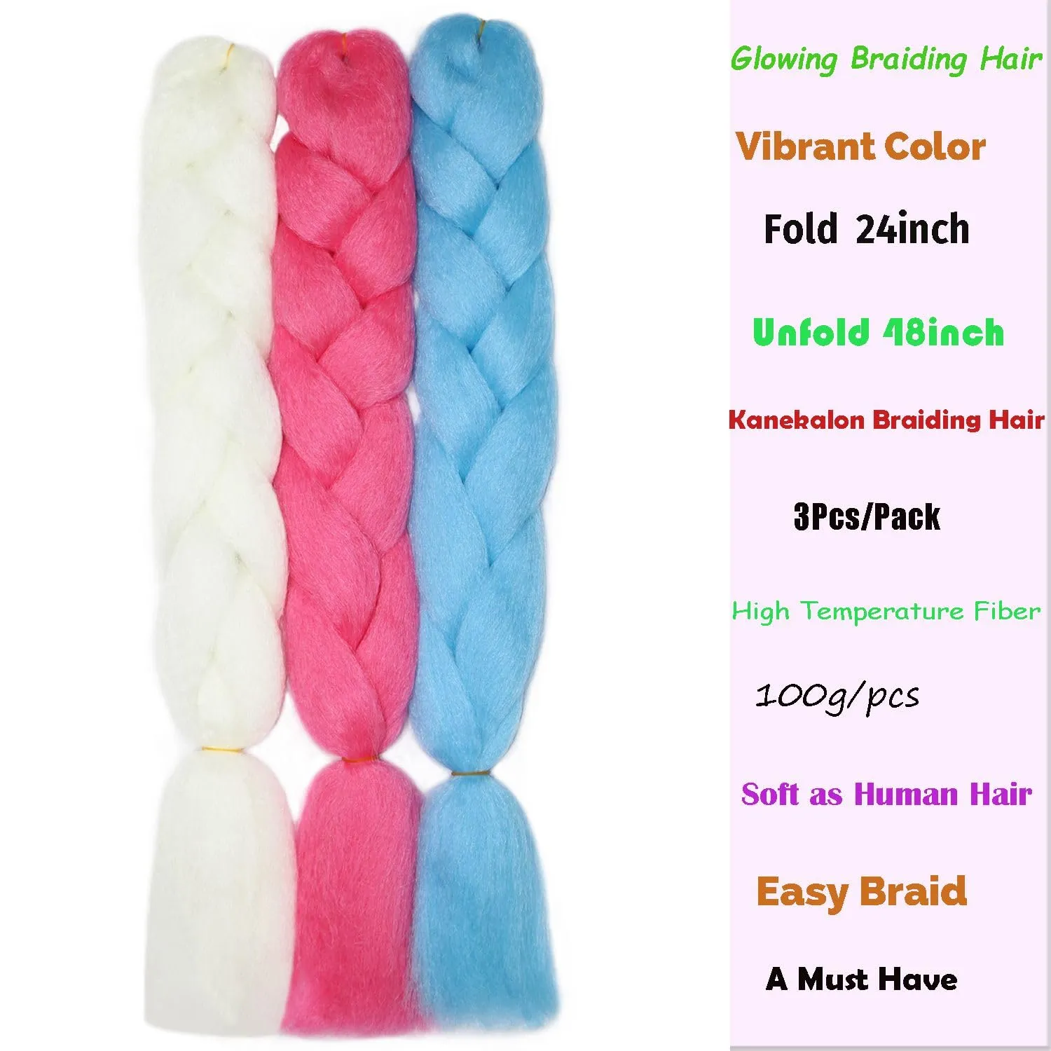 Colorful Jumbo Braiding Hair Extensions 24inch 3pcs (White/Hot Pink/Blue)