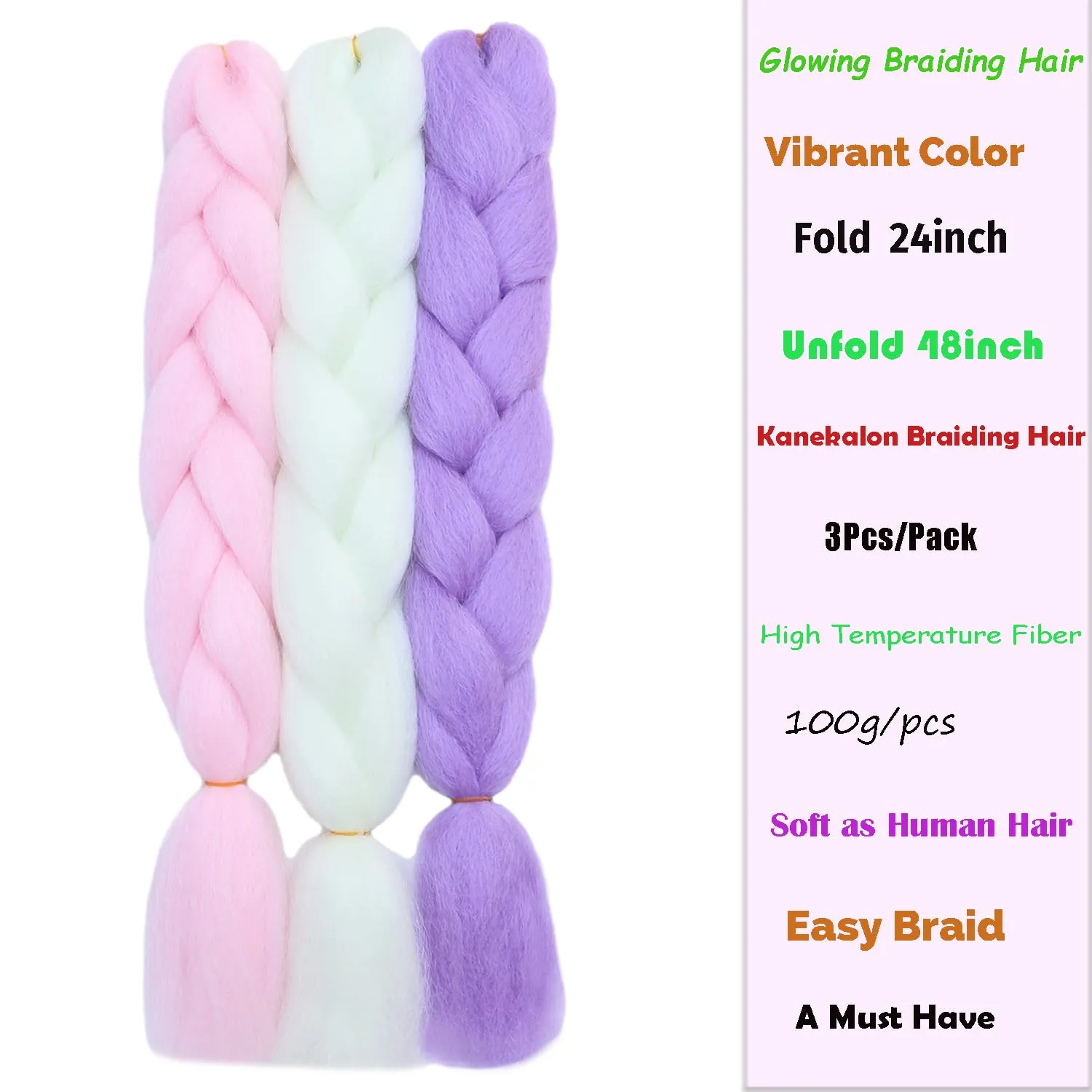 Colorful Jumbo Braiding Hair Extensions 24inch 3pcs (White/Pink/Purple)