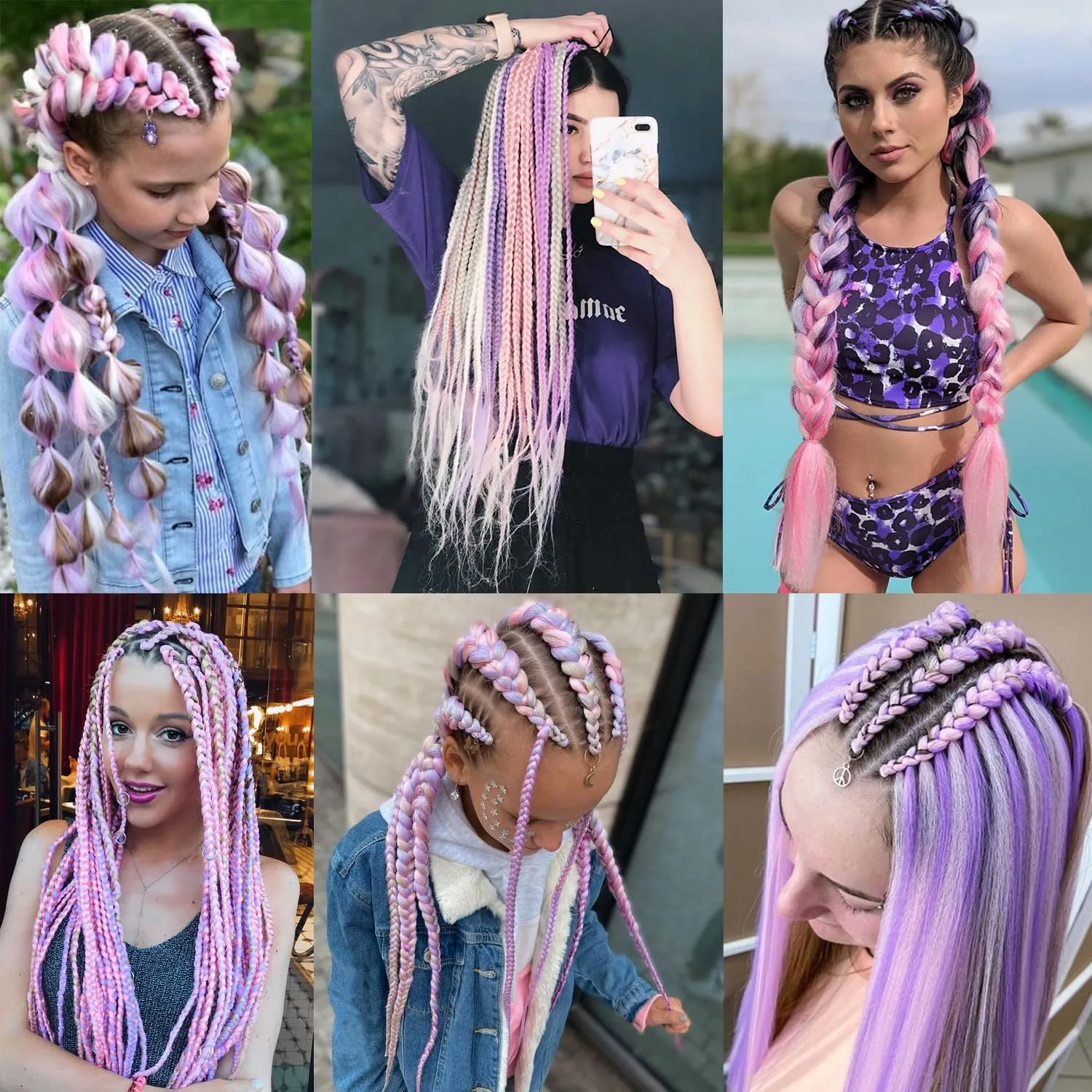 Colorful Jumbo Braiding Hair Extensions 24inch 3pcs (White/Pink/Purple)