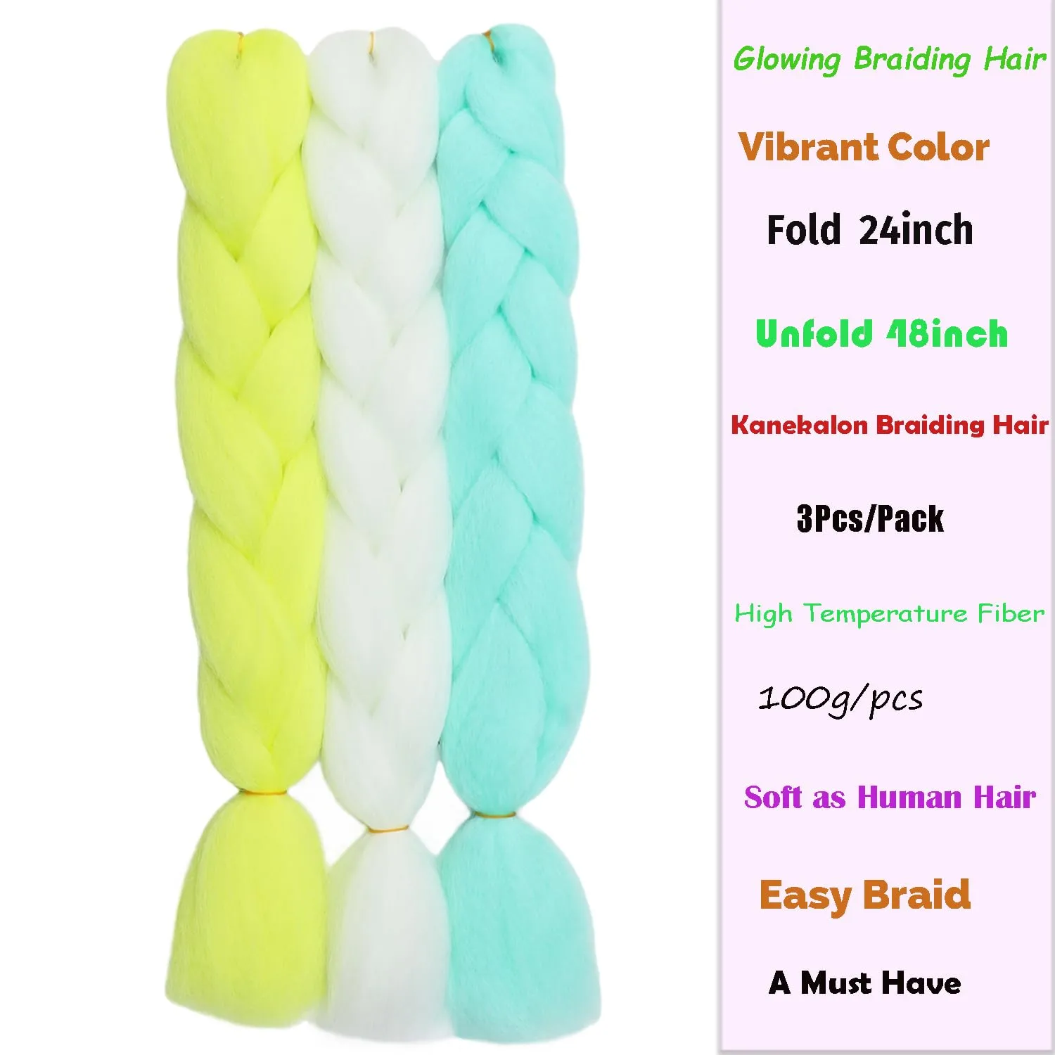 Colorful Jumbo Braiding Hair Extensions 24inch 3pcs (White/Yellow/Light Green)