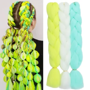 Colorful Jumbo Braiding Hair Extensions 24inch 3pcs (White/Yellow/Light Green)