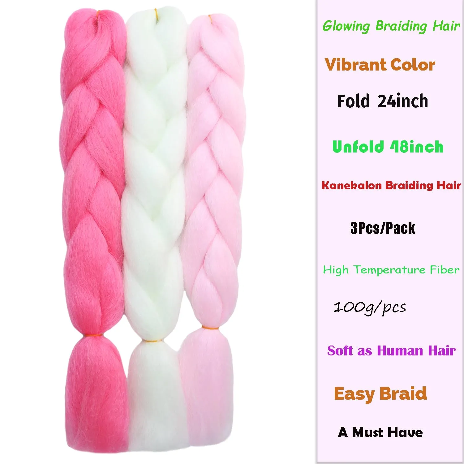 Colorful Jumbo Braiding Hair Extensions 24inch 3pcs（White/Pink/Hot Pink）