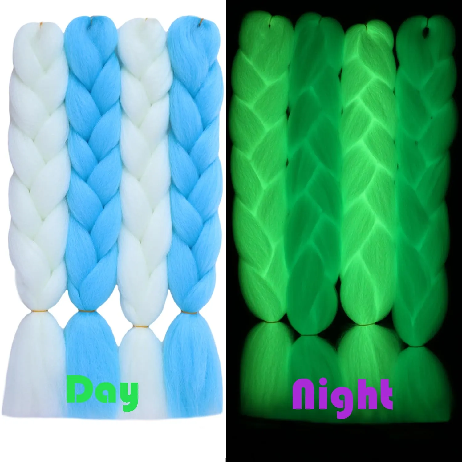 White Blue Mix Color Glow in the Dark Braiding Hair Extensions 24inch 4Pcs