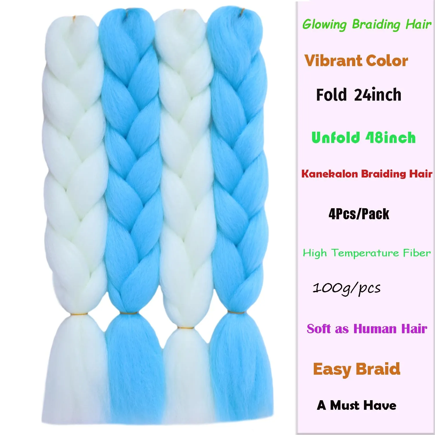 White Blue Mix Color Glow in the Dark Braiding Hair Extensions 24inch 4Pcs