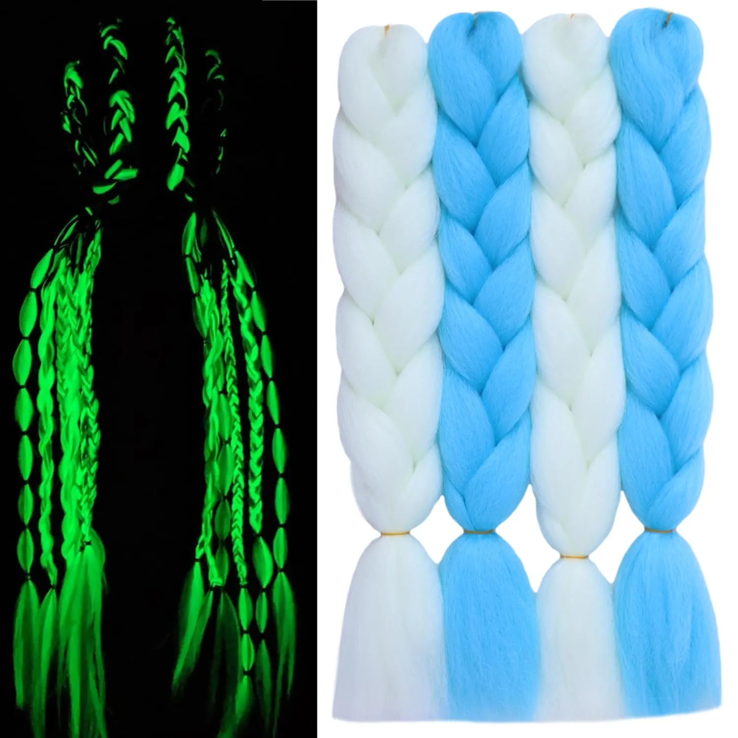 White Blue Mix Color Glow in the Dark Braiding Hair Extensions 24inch 4Pcs