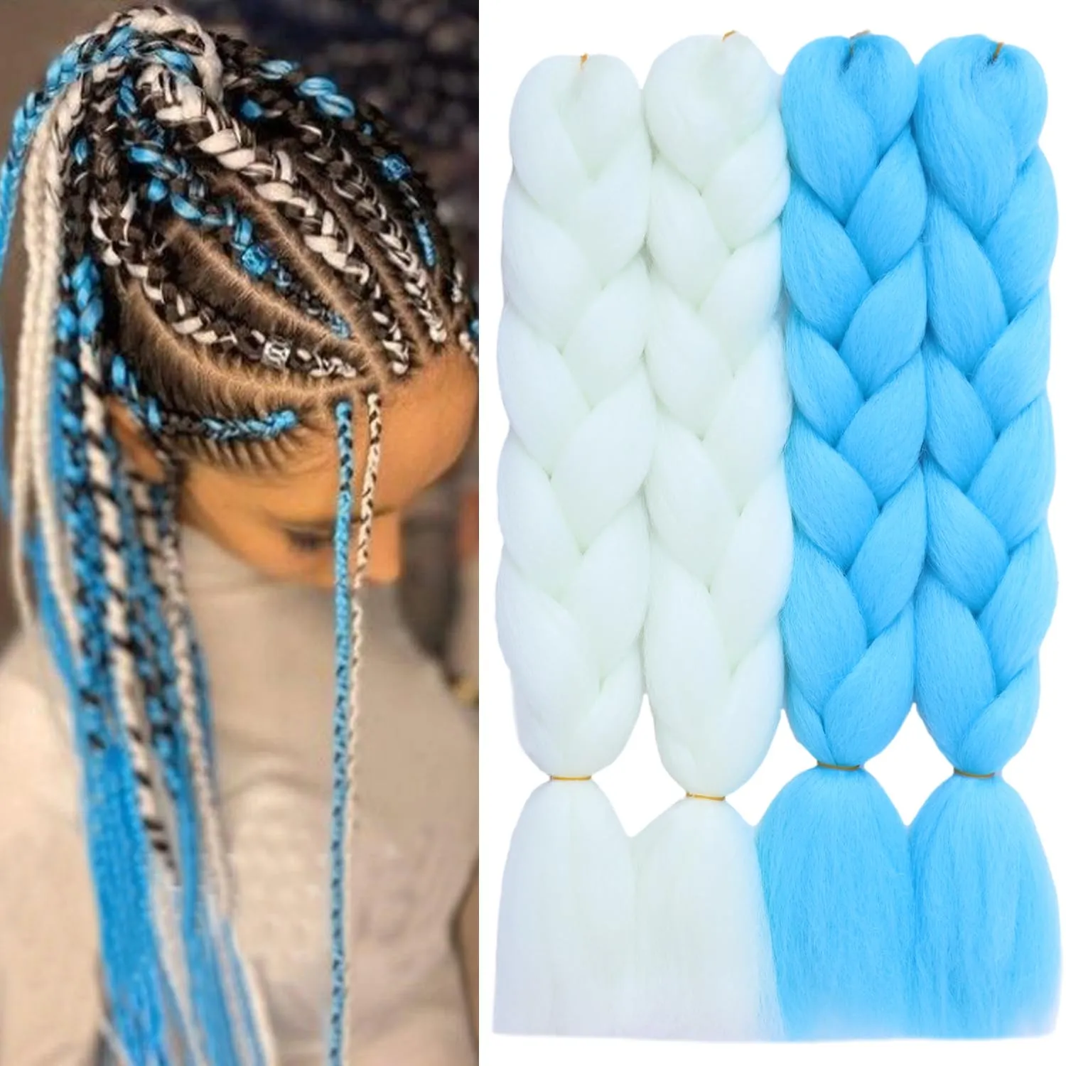 White Blue Mix Color Glow in the Dark Braiding Hair Extensions 24inch 4Pcs