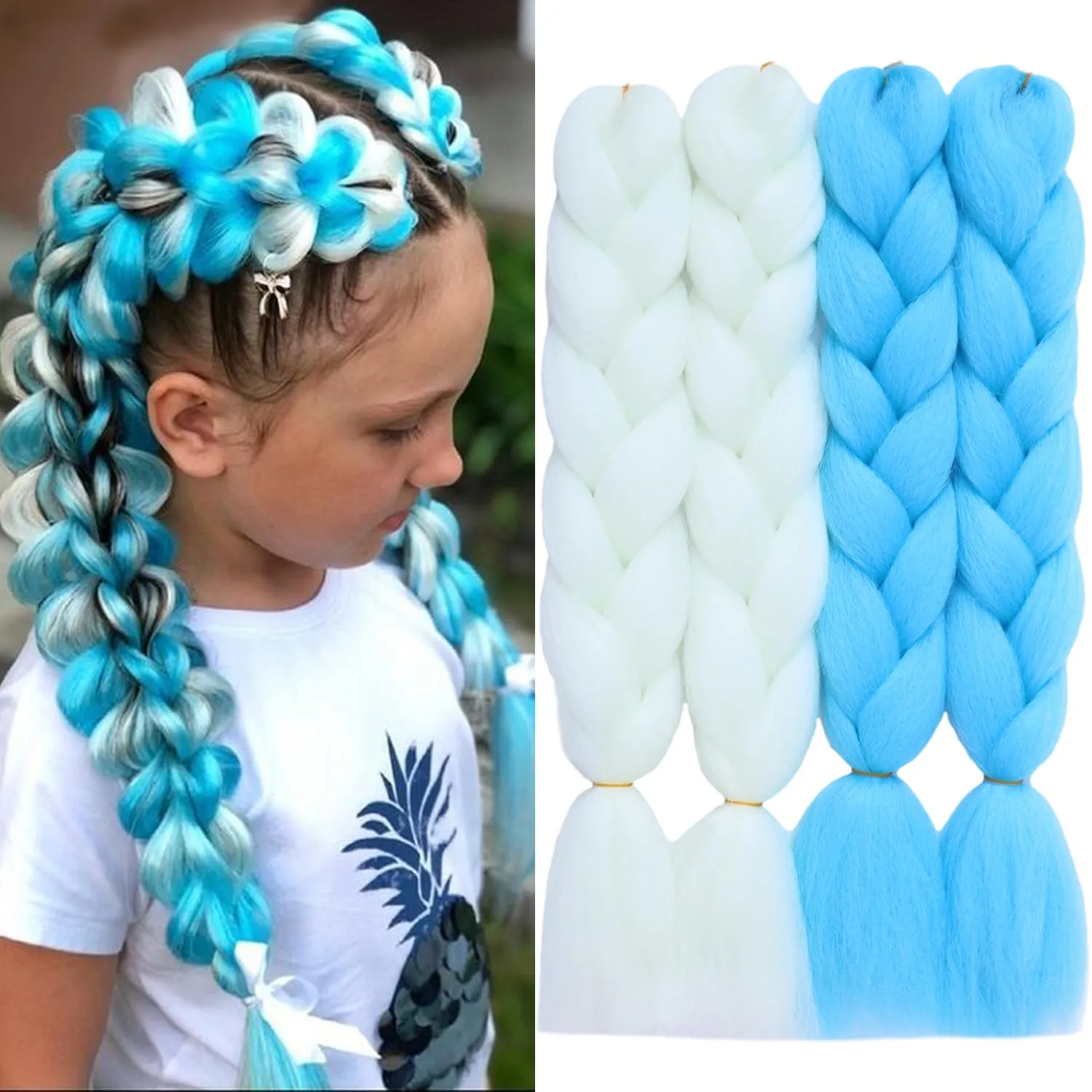 White Blue Mix Color Glow in the Dark Braiding Hair Extensions 24inch 4Pcs