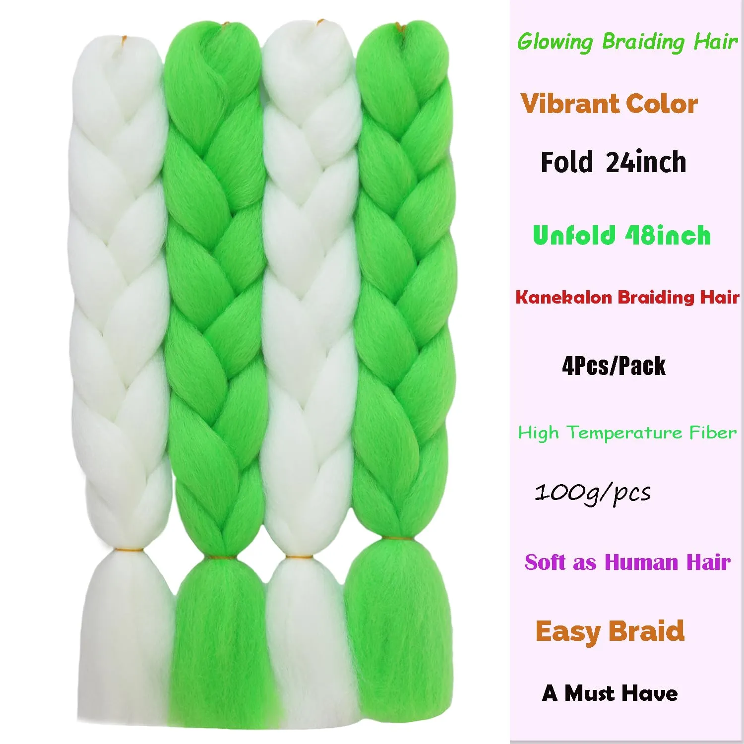 White Lime Green Mix Color Glow in the Dark Braiding Hair Extensions 24inch 4Pcs