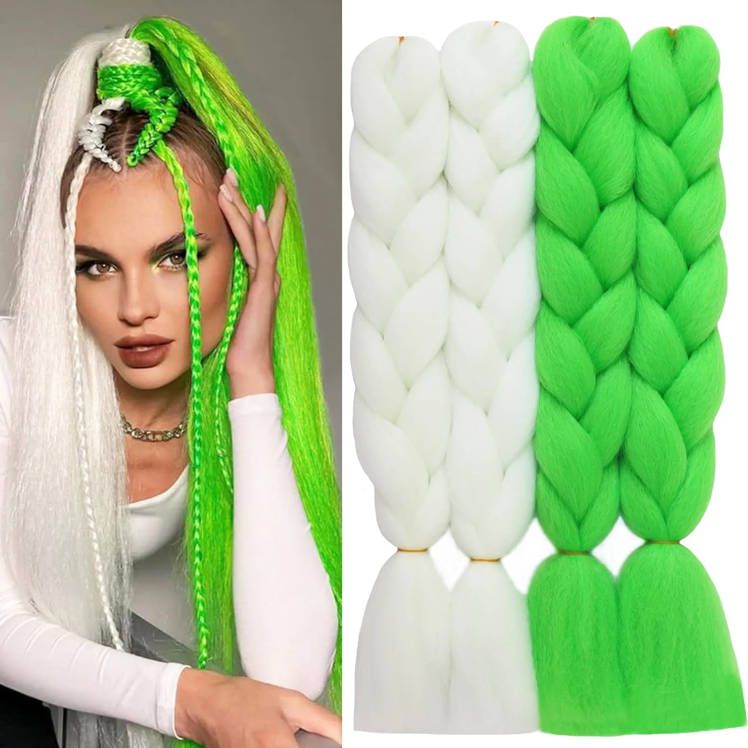 White Lime Green Mix Color Glow in the Dark Braiding Hair Extensions 24inch 4Pcs