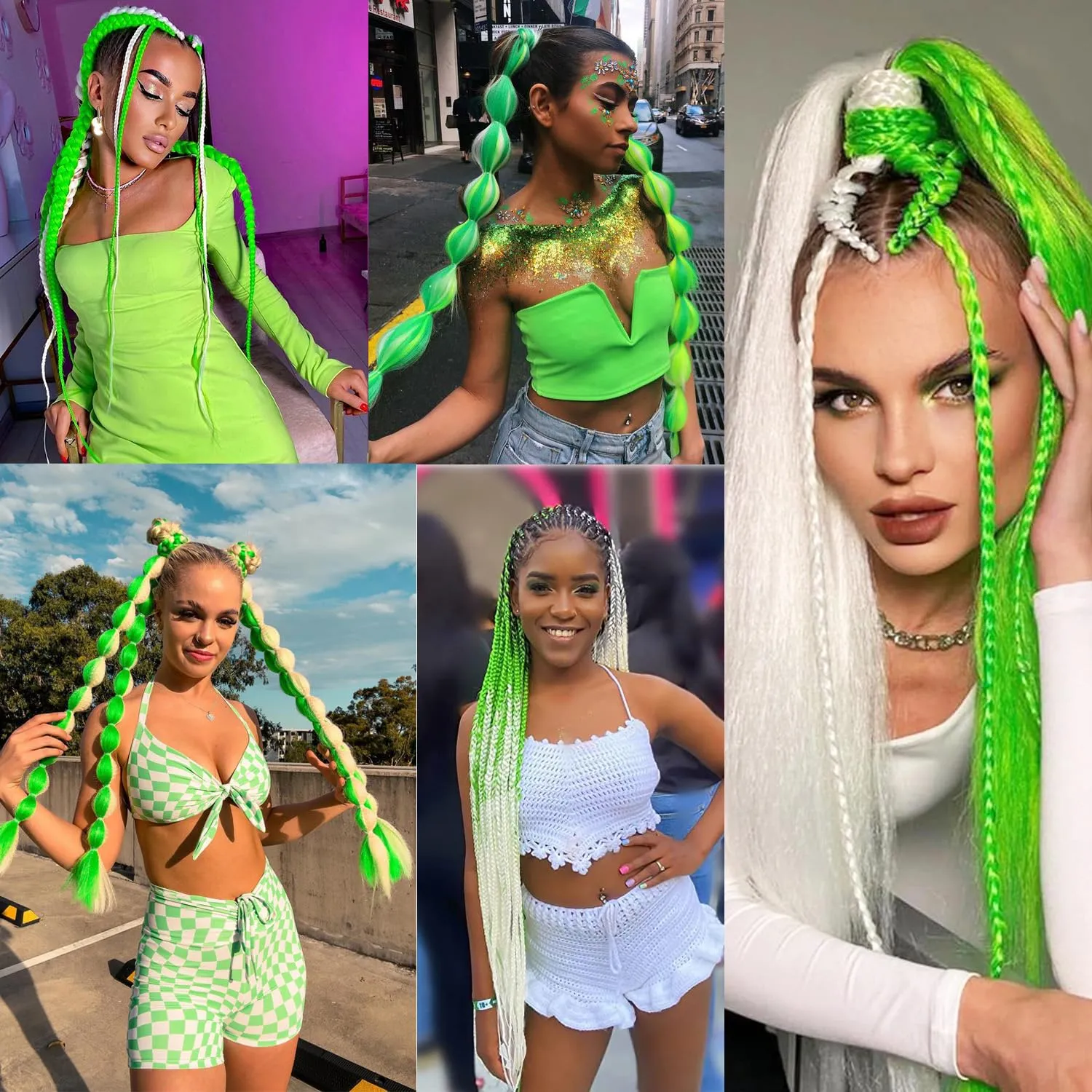 White Lime Green Mix Color Glow in the Dark Braiding Hair Extensions 24inch 4Pcs