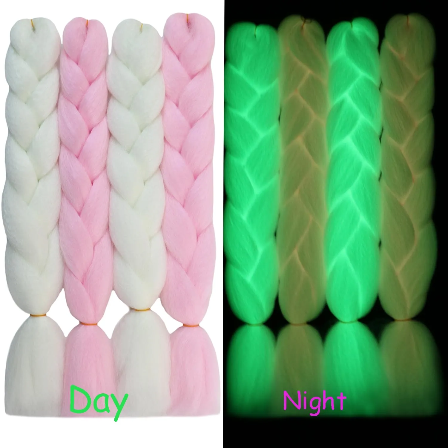 White Pink Mix Color Glow in the Dark Braiding Hair Extensions 24inch 4Pcs