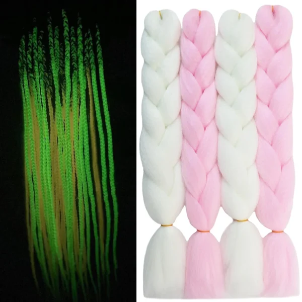 White Pink Mix Color Glow in the Dark Braiding Hair Extensions 24inch 4Pcs