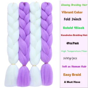 White Purple Mix Color Glow in the Dark Braiding Hair Extensions 24inch 4Pcs