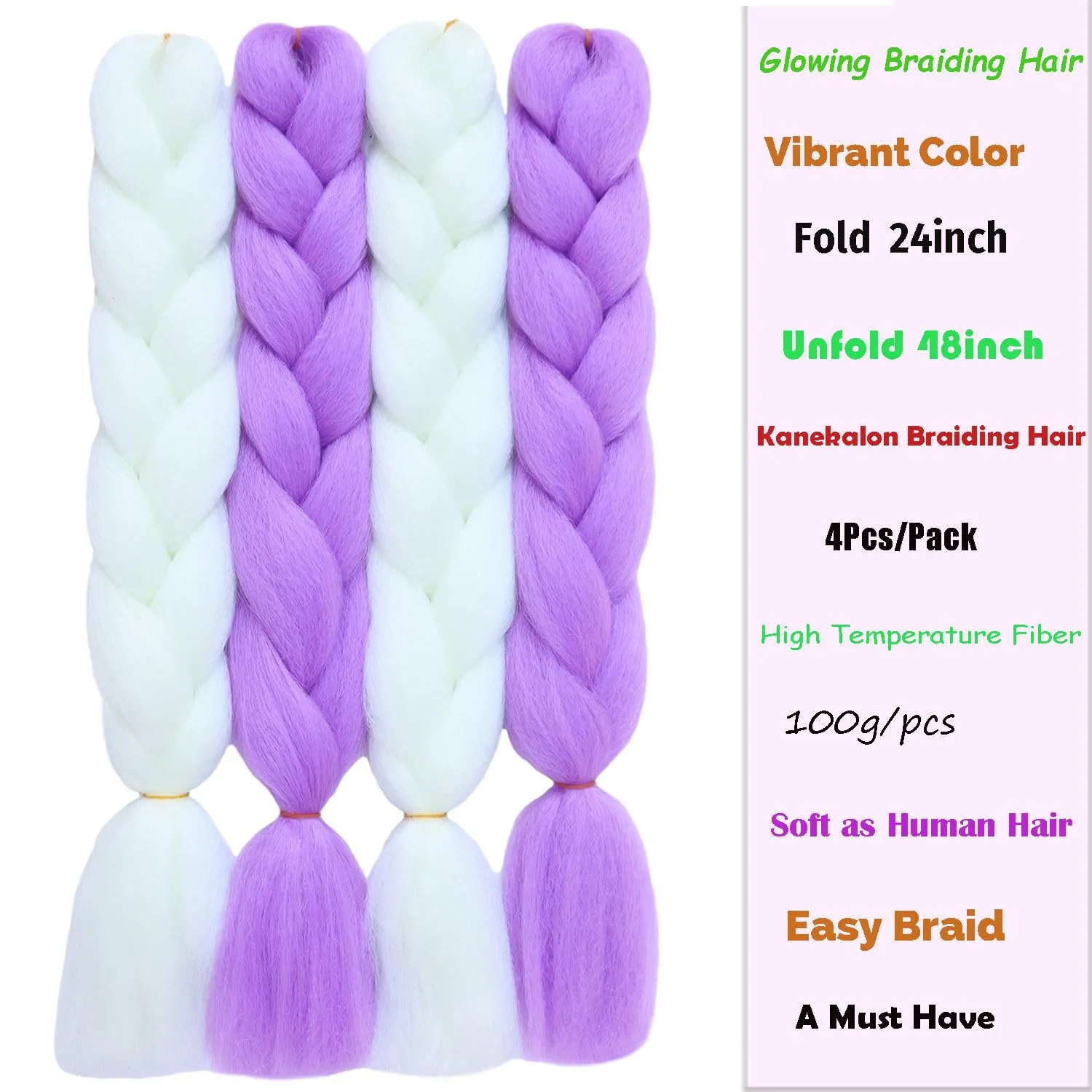 White Purple Mix Color Glow in the Dark Braiding Hair Extensions 24inch 4Pcs