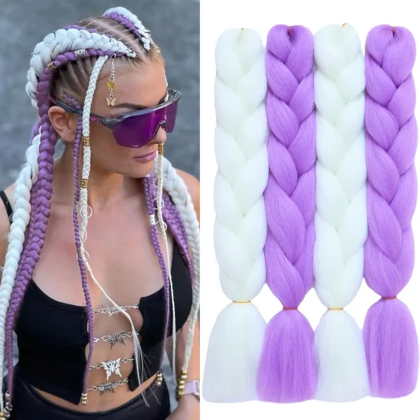 White Purple Mix Color Glow in the Dark Braiding Hair Extensions 24inch 4Pcs