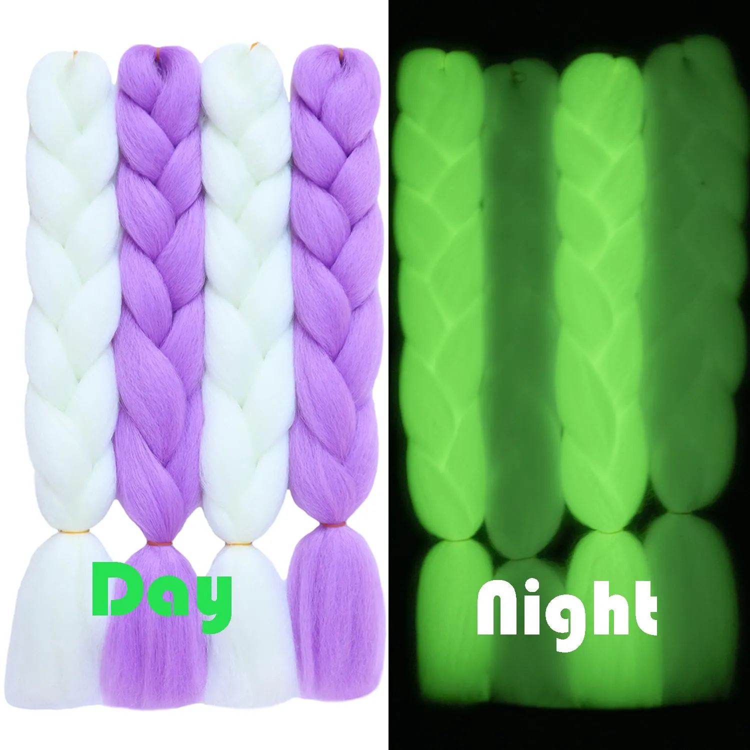 White Purple Mix Color Glow in the Dark Braiding Hair Extensions 24inch 4Pcs