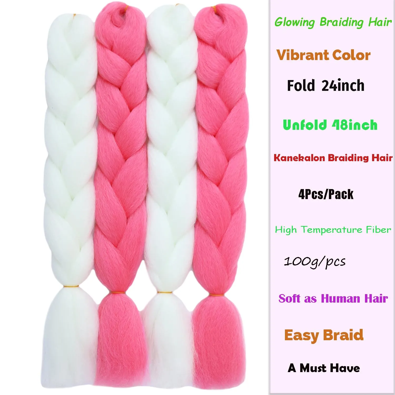 White Rosy Glow in the Dark Braiding Hair Extensions 24inch 4Pcs