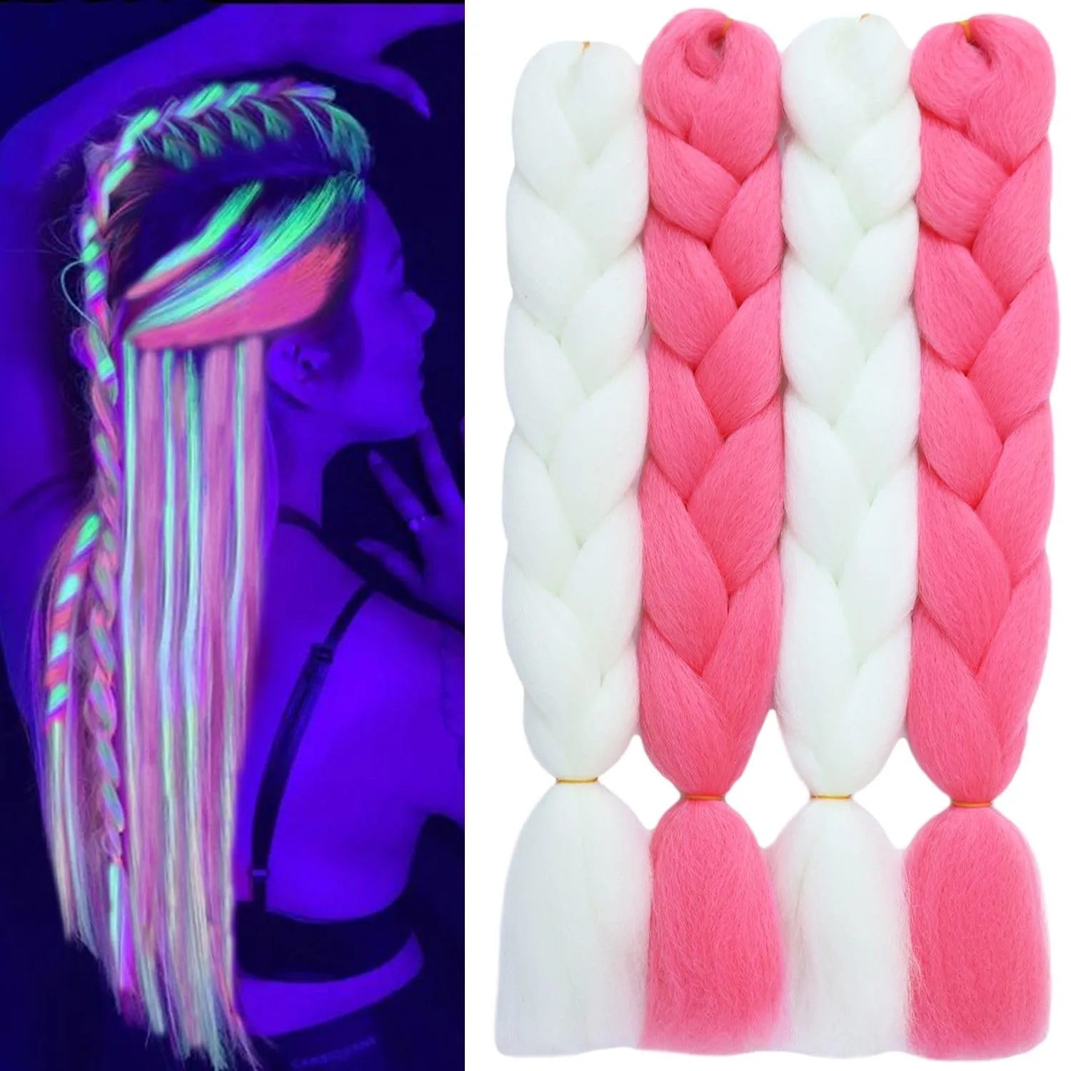 White Rosy Glow in the Dark Braiding Hair Extensions 24inch 4Pcs