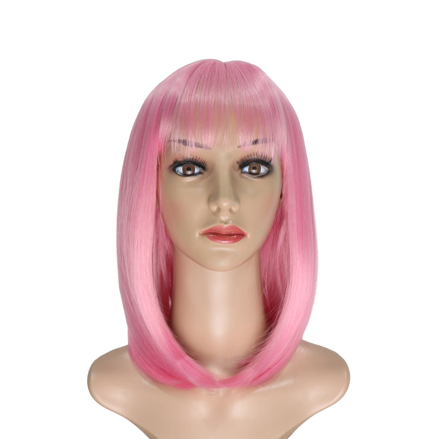 Pink Color Bob Wigs with Bangs for Women Synthetic Fiber Short Cosplay Bob Wig (Pink 14 Inches)