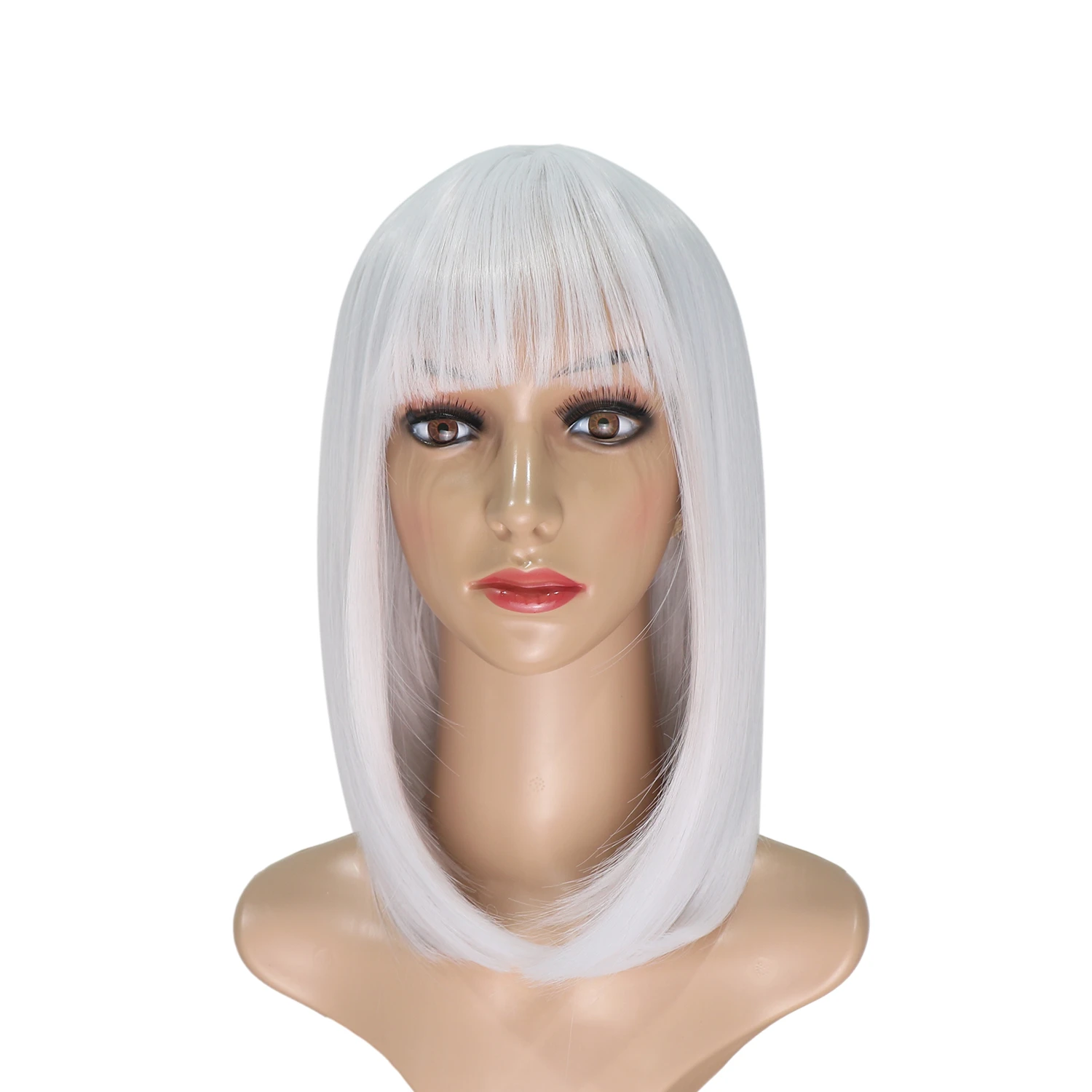 White Bob Wigs with Bangs for Women Synthetic Fiber Fashion Lady Cosplay Short Bob Wig (White 14 Inches)